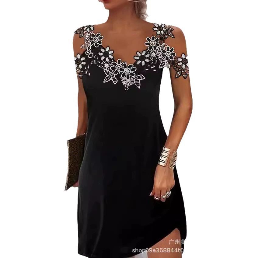 Summer Luxury Black Dress Women Flower V Neck Mini Dress Lady Birthday Party Dress Clothes