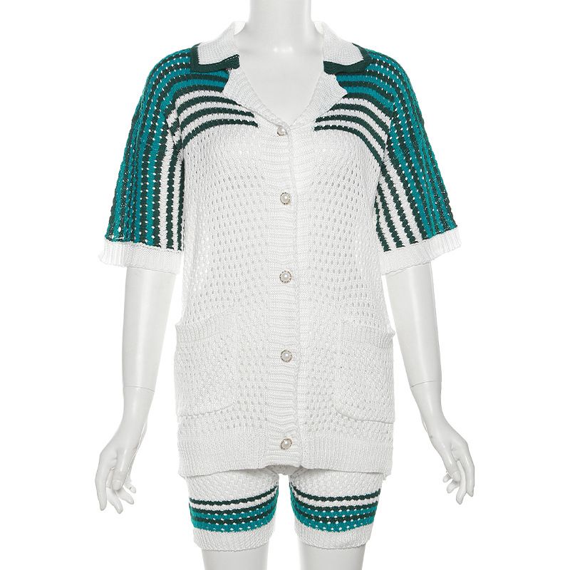 Women 2 Piece Set Thin Casual Polo Neck Button Blouse Tops+Bike Shorts Elastic Streetwear Matching Outfits