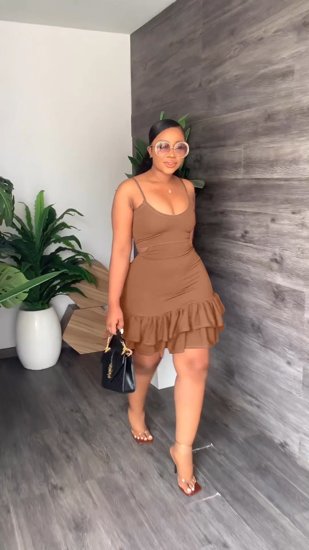 Women Cascading Ruffles Hem Cutout Waist Spaghetti Strap Sleeveless Bodycon Midi Dress Evening Sexy Party Club Dresses