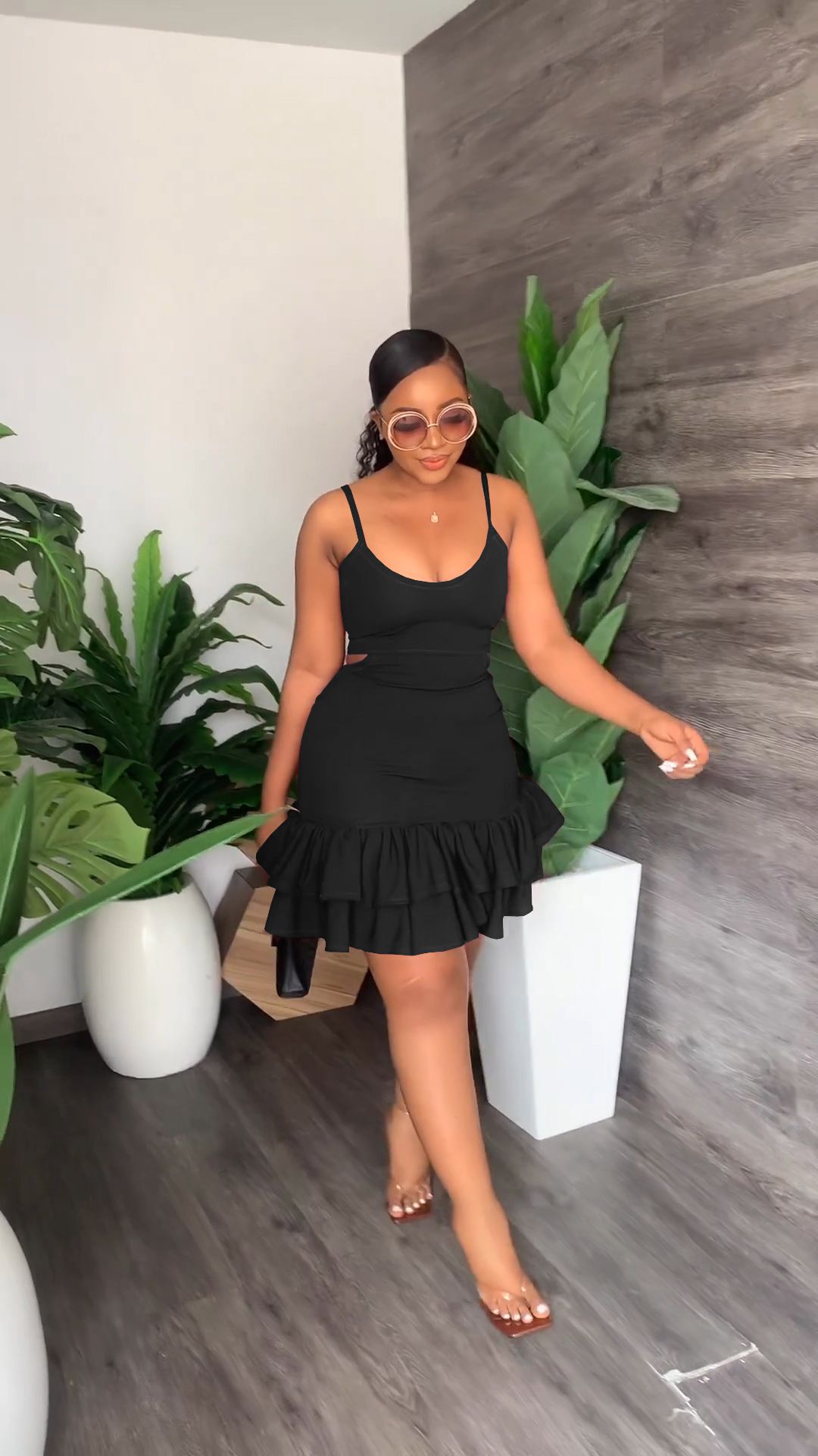 Women Cascading Ruffles Hem Cutout Waist Spaghetti Strap Sleeveless Bodycon Midi Dress Evening Sexy Party Club Dresses
