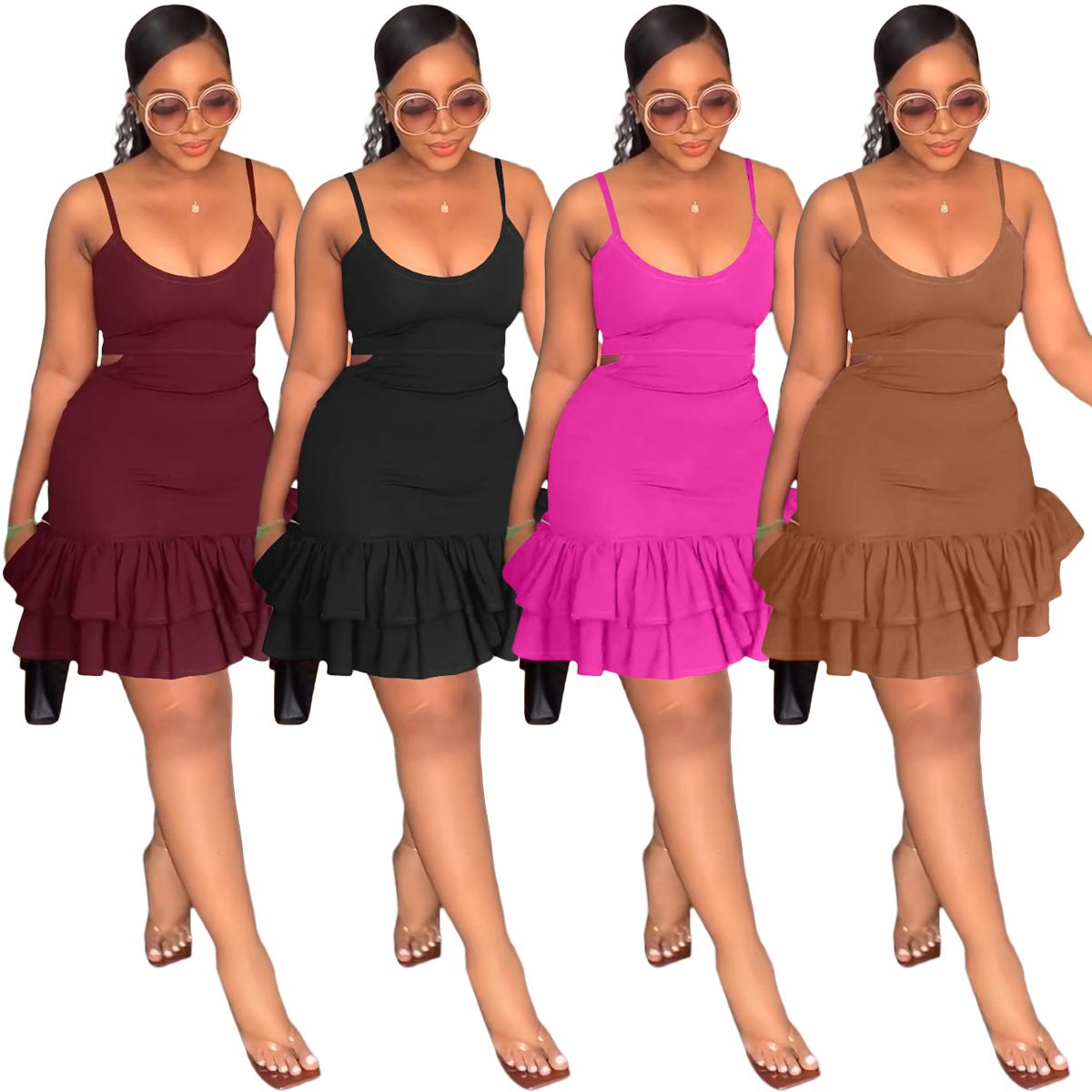 Women Cascading Ruffles Hem Cutout Waist Spaghetti Strap Sleeveless Bodycon Midi Dress Evening Sexy Party Club Dresses