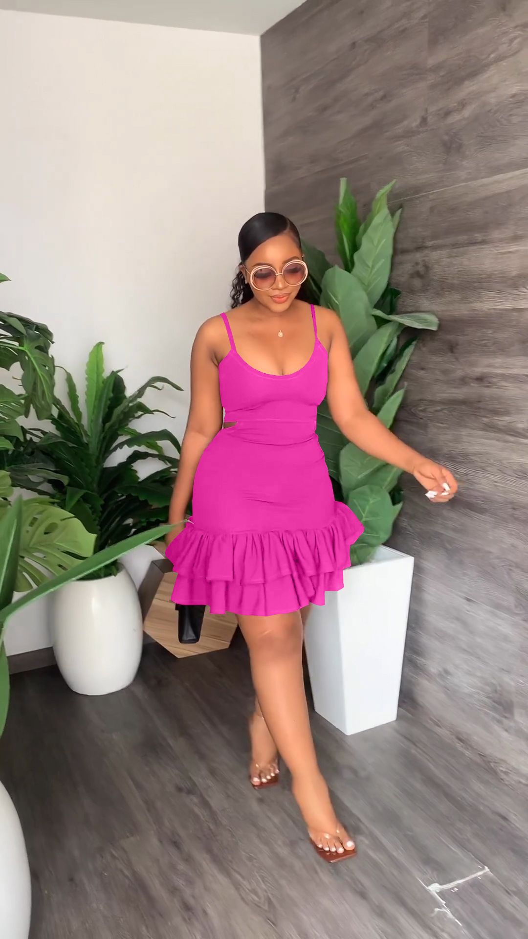 Women Cascading Ruffles Hem Cutout Waist Spaghetti Strap Sleeveless Bodycon Midi Dress Evening Sexy Party Club Dresses