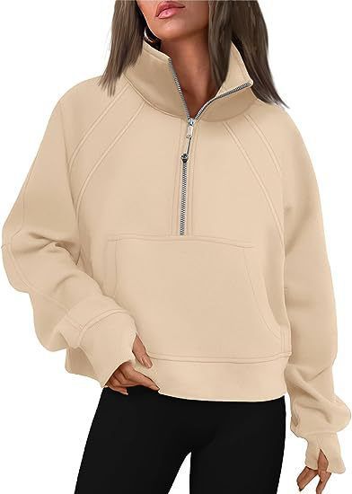 Stand Collar Casual Sweatshirts Half Zip Women Cropped Pullover Thumb Hole Overzised Hoodie Solid Color Plus Size Sports Outfit