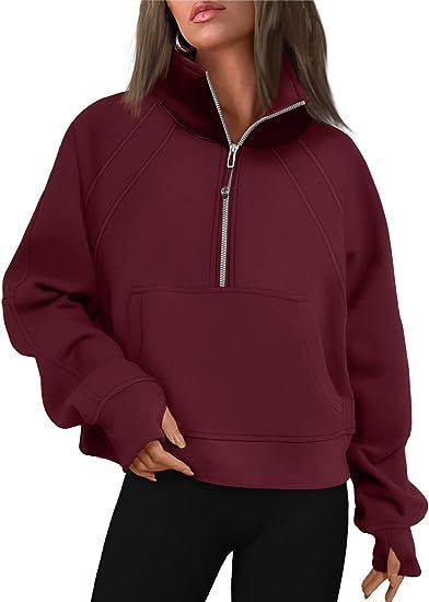 Stand Collar Casual Sweatshirts Half Zip Women Cropped Pullover Thumb Hole Overzised Hoodie Solid Color Plus Size Sports Outfit