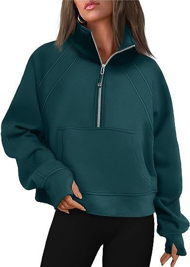 Stand Collar Casual Sweatshirts Half Zip Women Cropped Pullover Thumb Hole Overzised Hoodie Solid Color Plus Size Sports Outfit