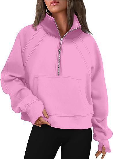 Stand Collar Casual Sweatshirts Half Zip Women Cropped Pullover Thumb Hole Overzised Hoodie Solid Color Plus Size Sports Outfit