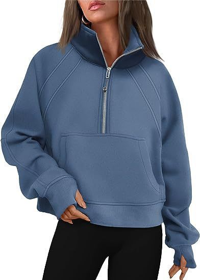 Stand Collar Casual Sweatshirts Half Zip Women Cropped Pullover Thumb Hole Overzised Hoodie Solid Color Plus Size Sports Outfit