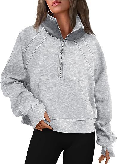 Stand Collar Casual Sweatshirts Half Zip Women Cropped Pullover Thumb Hole Overzised Hoodie Solid Color Plus Size Sports Outfit