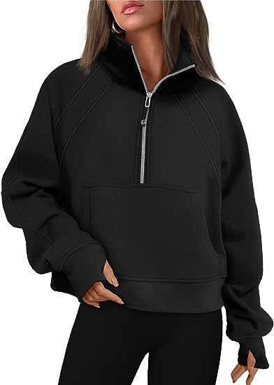 Stand Collar Casual Sweatshirts Half Zip Women Cropped Pullover Thumb Hole Overzised Hoodie Solid Color Plus Size Sports Outfit