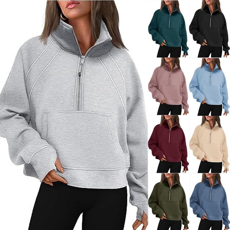 Stand Collar Casual Sweatshirts Half Zip Women Cropped Pullover Thumb Hole Overzised Hoodie Solid Color Plus Size Sports Outfit