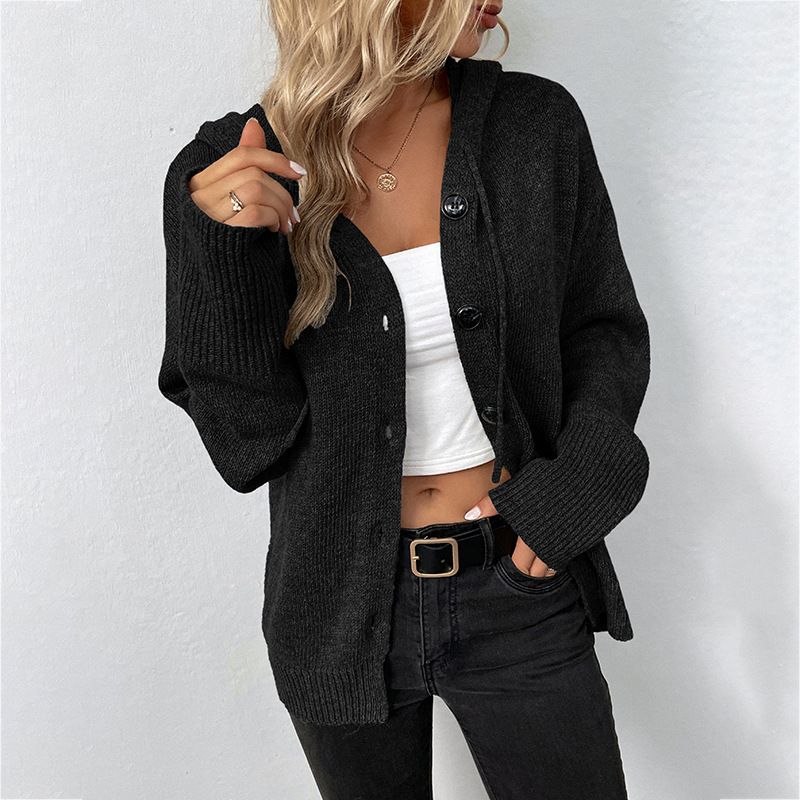 Women Knit Hooded Sweater Coat Single Breasted Thick Cardigan Solid Casual Splice Jumpers Full Sleeve Regular Winter