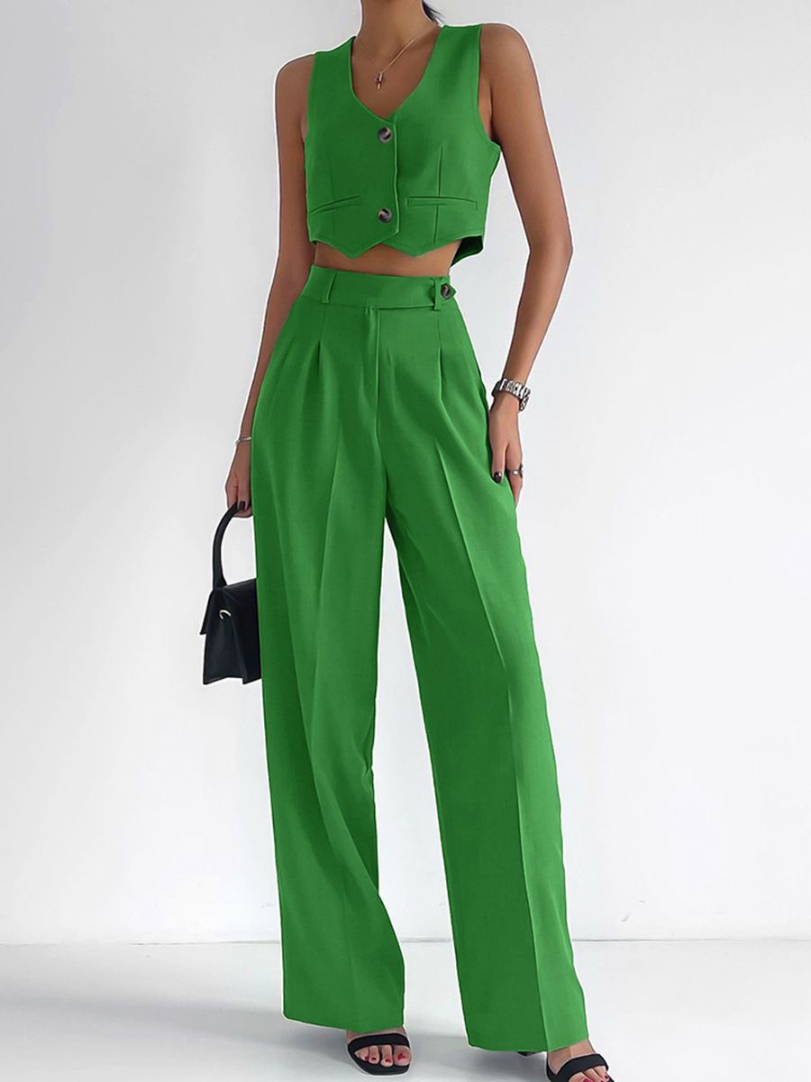 Summer Linen Pants Sets Women 2 Pieces Elegant Office Lady V-Neck Crop Tops Fashion Green Party Silm Straight Pants Suits