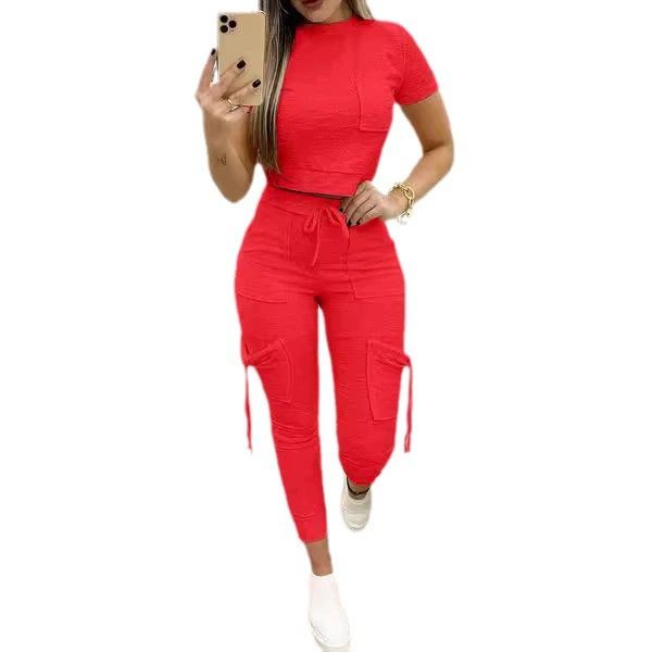 Tight Solid Color Two Piece Set Women Cropped T Shirt Slim Long Pants Leace-up Pocket Ladies Sets Spring Summer Sportswear