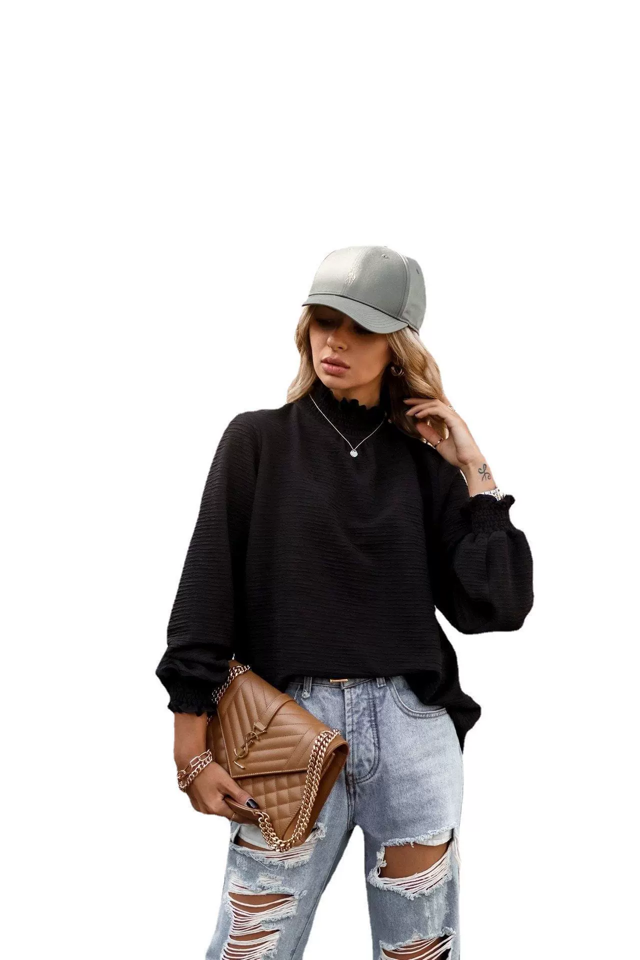 Women Autumn And Winter Pink White Blouse High Neck Long Sleeved Versatile Solid Casual Loose Top Office Lady Elegant Shirt