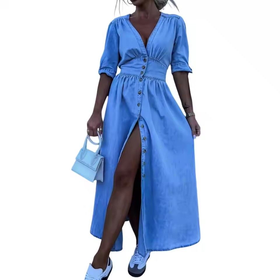 Spring Summer New Women's Clothing Solid Color Fashion Sexy V-neck Long Single-Breasted Denim Dress