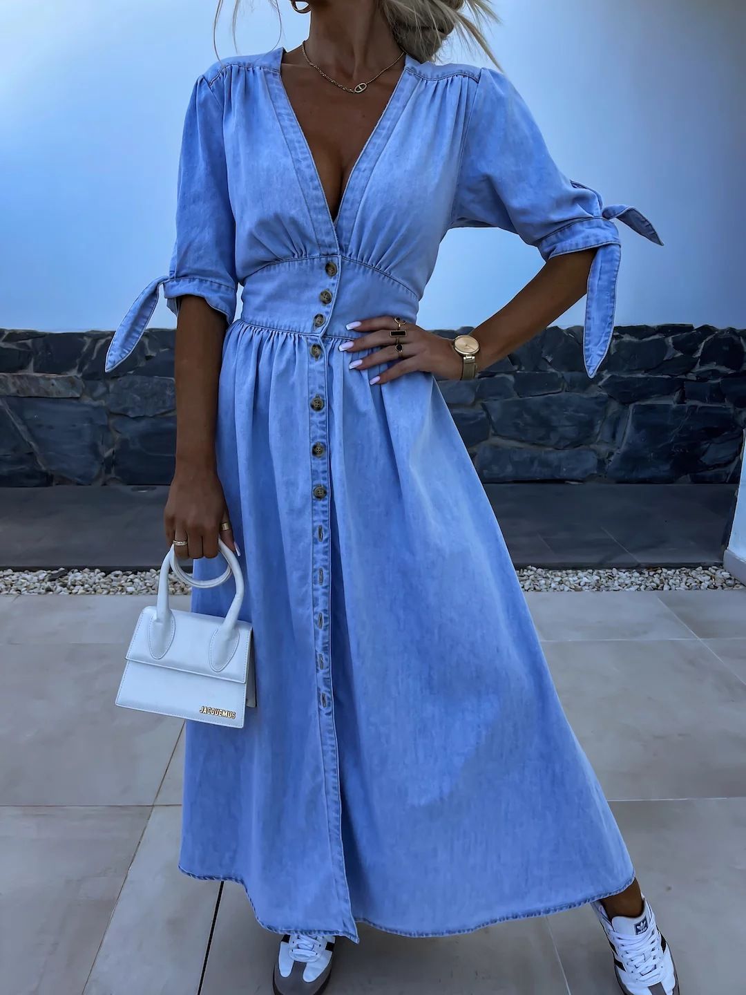 Spring Summer New Women's Clothing Solid Color Fashion Sexy V-neck Long Single-Breasted Denim Dress
