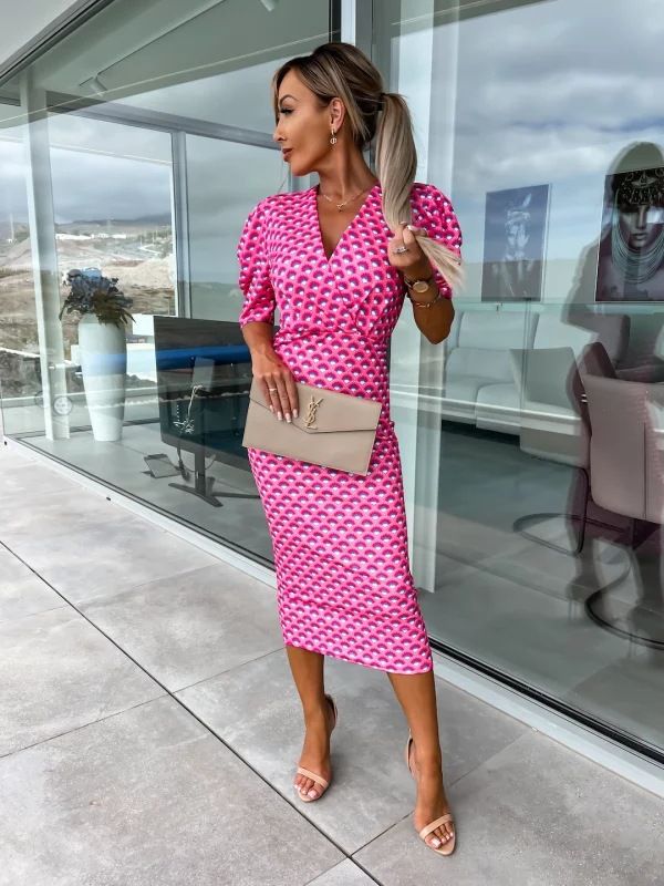 New Women's Deep V Neck Dress Long Sleeve Elegant Women's Dresses Luxury Fashion Prom Pleated Party Wedding Print Vestido Fiesta