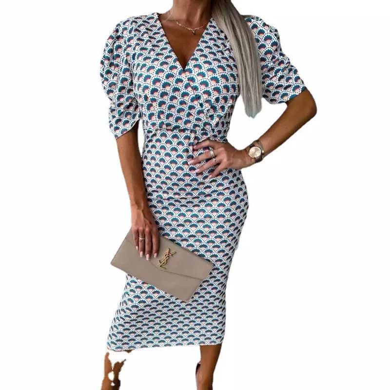 New Women's Deep V Neck Dress Long Sleeve Elegant Women's Dresses Luxury Fashion Prom Pleated Party Wedding Print Vestido Fiesta