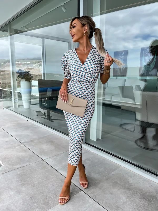 New Women's Deep V Neck Dress Long Sleeve Elegant Women's Dresses Luxury Fashion Prom Pleated Party Wedding Print Vestido Fiesta