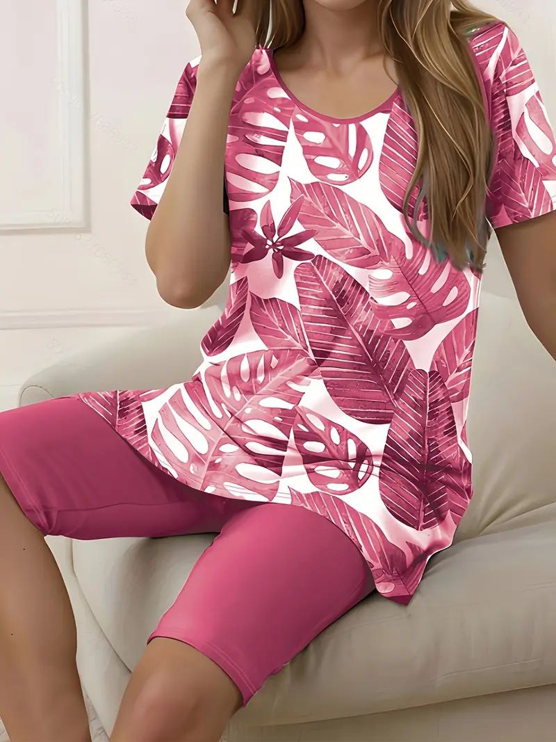 Fashion Short Sleeve Print Two Piece Sets Women Summer Causal Home Comfortable 2 Piece Set For Women Tops And Shorts Plus Size