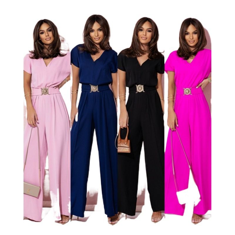 New Hot Sale Of The Season Summer Short Sleeve V-Neck Wide Leg Pant One-Piece Suit Women's Fashion Comfortable Fit Pantsuit from