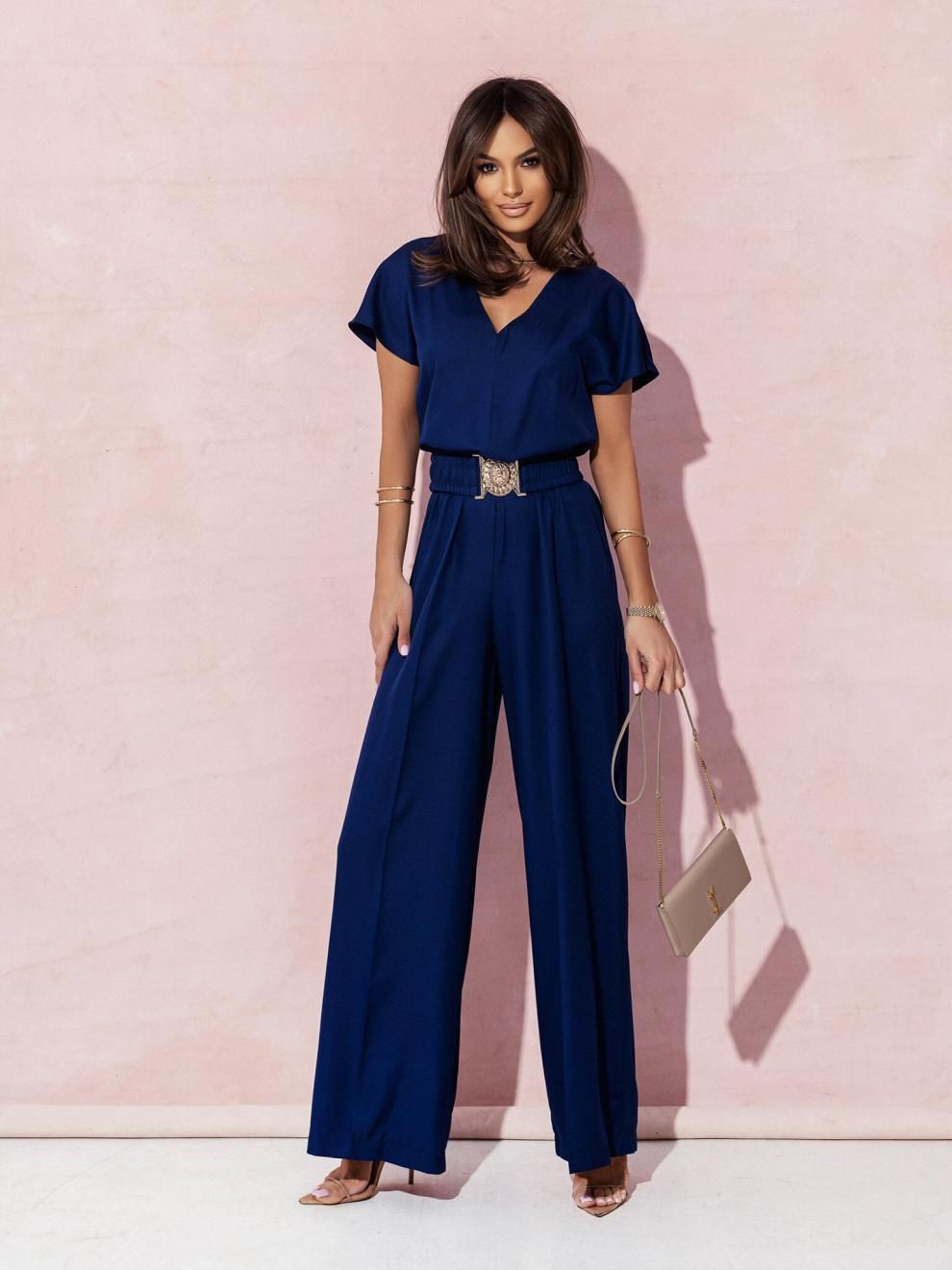 New Hot Sale Of The Season Summer Short Sleeve V-Neck Wide Leg Pant One-Piece Suit Women's Fashion Comfortable Fit Pantsuit from