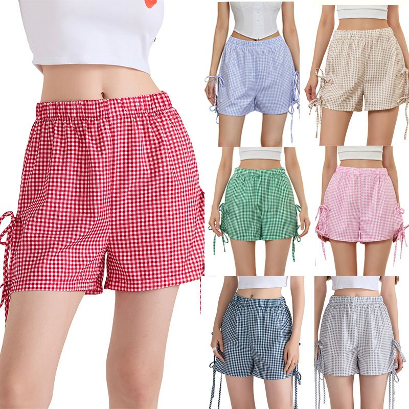 Summer Loose Plaid Shorts Women Casual Bows Cutouts Elastic Short Pants for Vacation Beach Nightclub Streetwear