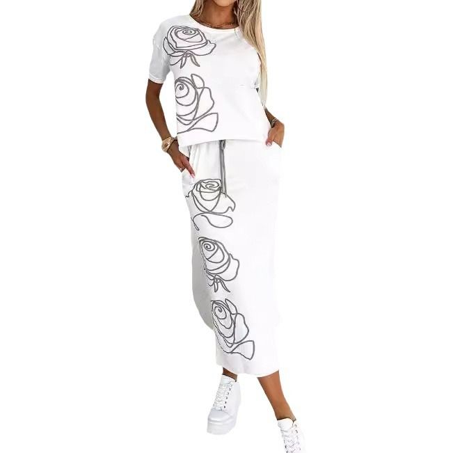 Fashion Women's New Rose Flower Print Dress Two-piece Set Women's T-shirt Top + Skirt Suit 2-piece Sets