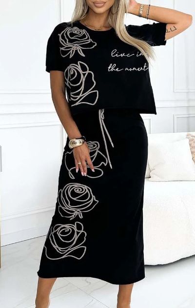 Fashion Women's New Rose Flower Print Dress Two-piece Set Women's T-shirt Top + Skirt Suit 2-piece Sets