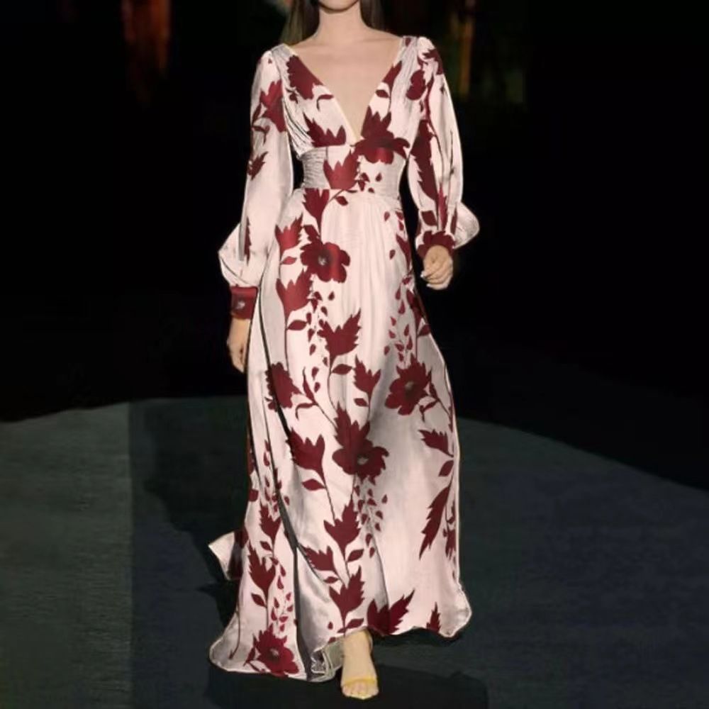Women's Long Dresses Loose Sexy V Neck Evening Spring Autumn Print Casual Elegant Holiday Party Loose Streetwear Robe Femme