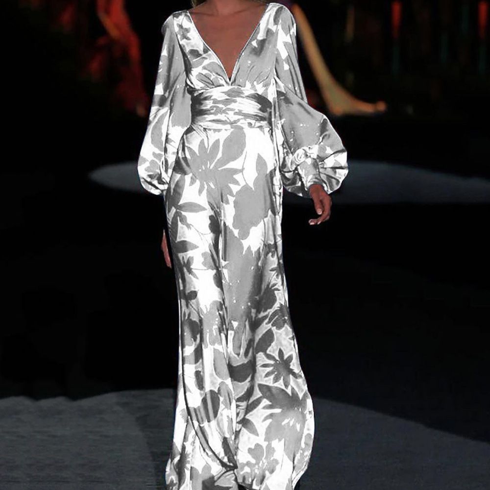 Women's Long Dresses Loose Sexy V Neck Evening Spring Autumn Print Casual Elegant Holiday Party Loose Streetwear Robe Femme
