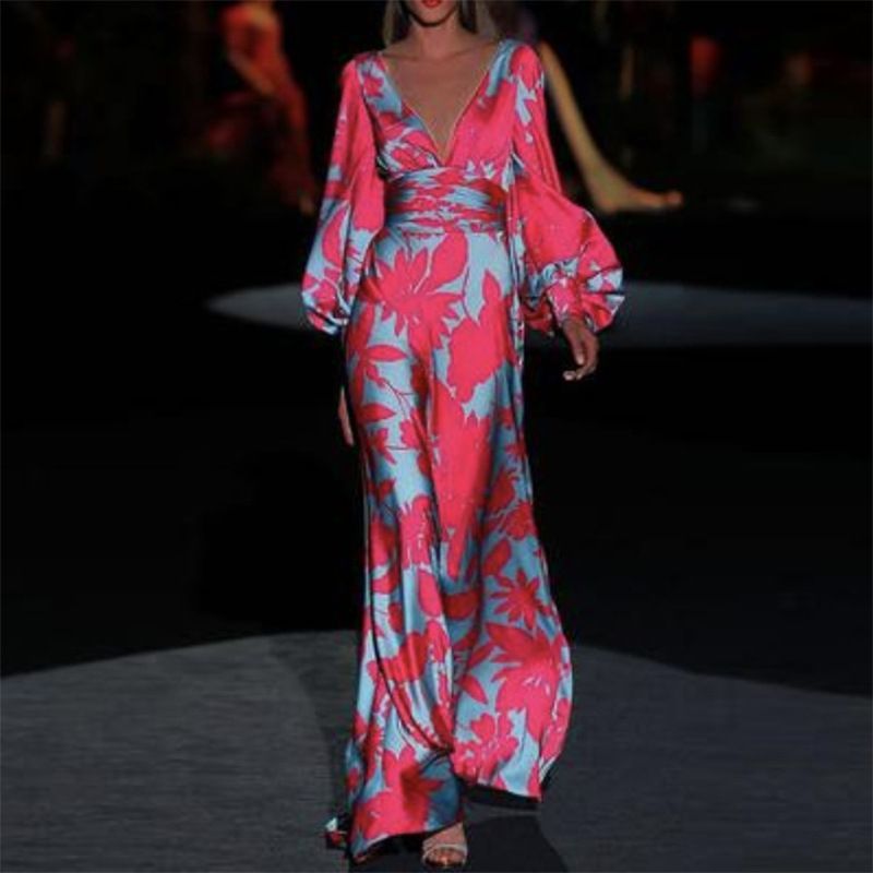 Women's Long Dresses Loose Sexy V Neck Evening Spring Autumn Print Casual Elegant Holiday Party Loose Streetwear Robe Femme