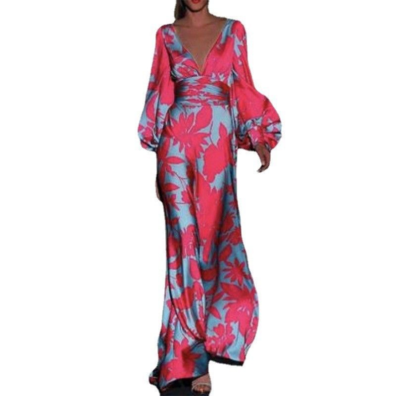Women's Long Dresses Loose Sexy V Neck Evening Spring Autumn Print Casual Elegant Holiday Party Loose Streetwear Robe Femme
