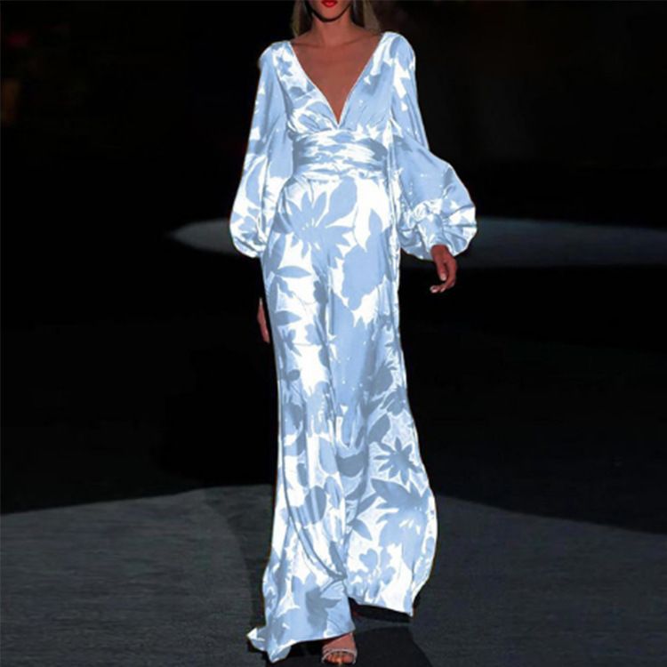 Women's Long Dresses Loose Sexy V Neck Evening Spring Autumn Print Casual Elegant Holiday Party Loose Streetwear Robe Femme