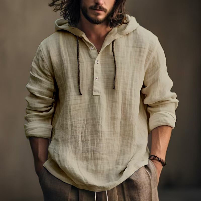 Men Cotton Linen Hooded Coats Autumn Spring Male Collar Long Sleeve Solid Color Pullover Sweashirt Beachwear Hoodies
