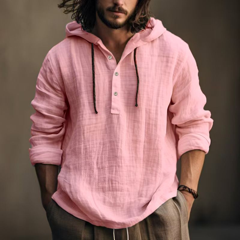 Men Cotton Linen Hooded Coats Autumn Spring Male Collar Long Sleeve Solid Color Pullover Sweashirt Beachwear Hoodies