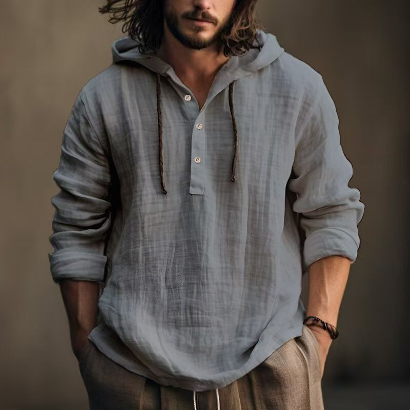 Men Cotton Linen Hooded Coats Autumn Spring Male Collar Long Sleeve Solid Color Pullover Sweashirt Beachwear Hoodies