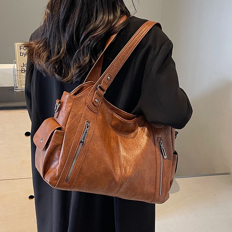 New Solid Zipper Dual Main Pockets High Capacity Handbag For Women Sewing Thread PU Fashion Ladies Bag Shoulder Bag