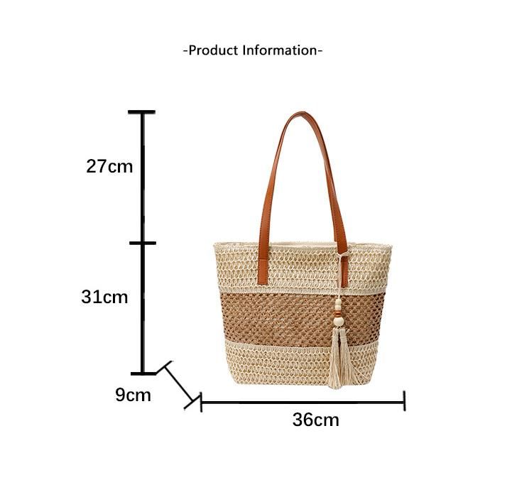 Straw Beach Bag Summer Woven Tote Bag with Zipper Handbag Shoulder Purse for Women Travel Vacation Shoulder Bags