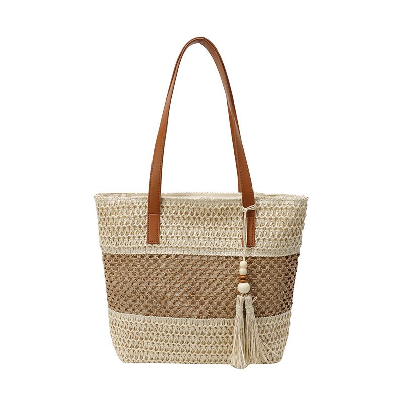 Straw Beach Bag Summer Woven Tote Bag with Zipper Handbag Shoulder Purse for Women Travel Vacation Shoulder Bags