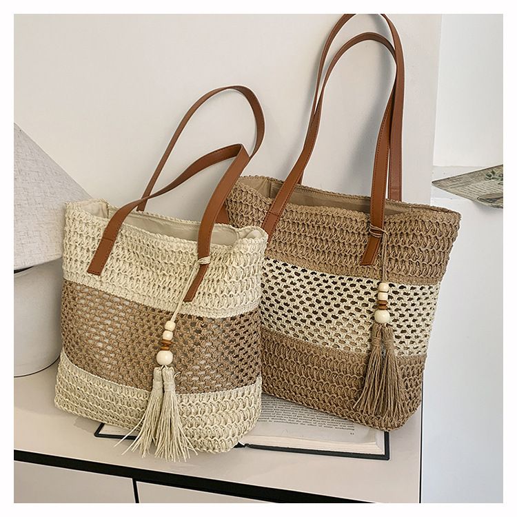 Straw Beach Bag Summer Woven Tote Bag with Zipper Handbag Shoulder Purse for Women Travel Vacation Shoulder Bags
