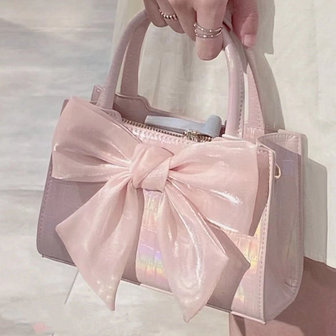 Fashion Women's Clutch Purse Handbags Summer Pink White Bowknot Female Underarm Bags Sweet Girl's Small Square Shoulder Messenger Bag