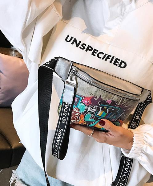 New Fanny Pack For Women PU Waist Bags For Kids Hip Hop Potato Chips Banana Bag Women Chest Bag Graffiti Printed Kidney Bags
