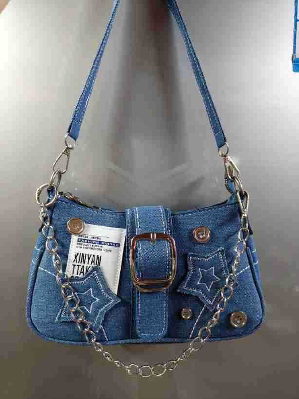Fashion Women's Handbags Denim Stars Pattern Cool Girls Y2K Underarm Bag Canvas Female Small Shoulder Bags Chain Tote Bag