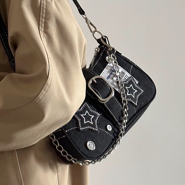 Fashion Women's Handbags Denim Stars Pattern Cool Girls Y2K Underarm Bag Canvas Female Small Shoulder Bags Chain Tote Bag