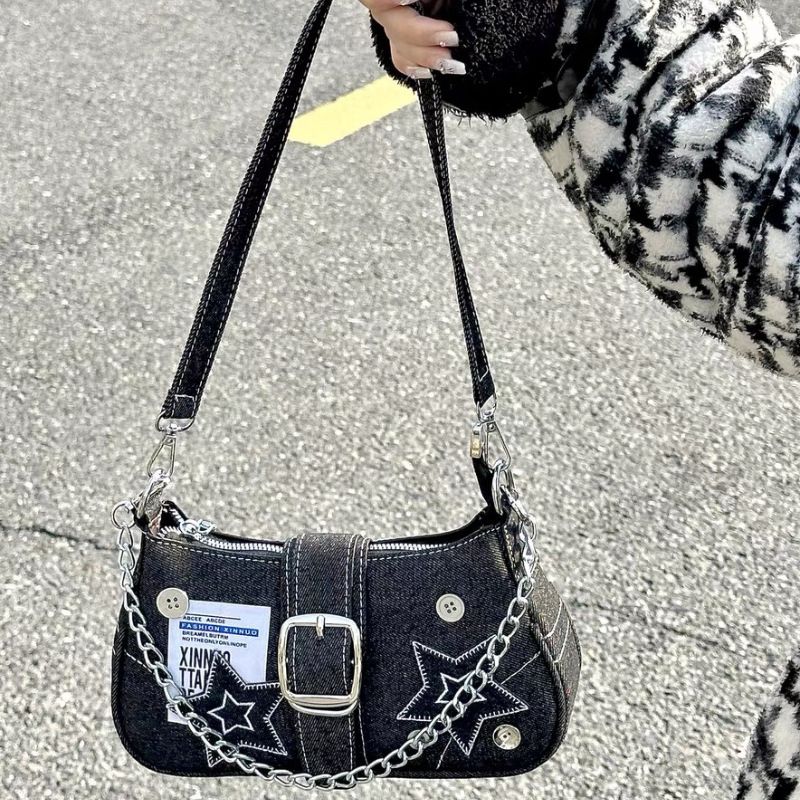 Fashion Women's Handbags Denim Stars Pattern Cool Girls Y2K Underarm Bag Canvas Female Small Shoulder Bags Chain Tote Bag