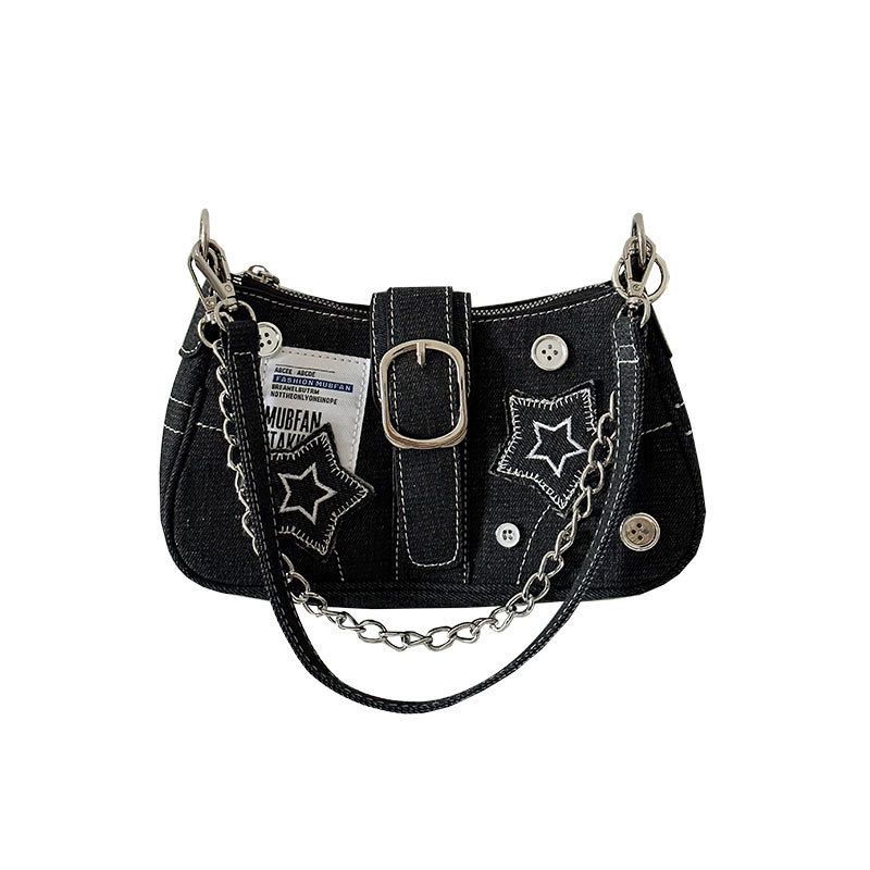 Fashion Women's Handbags Denim Stars Pattern Cool Girls Y2K Underarm Bag Canvas Female Small Shoulder Bags Chain Tote Bag