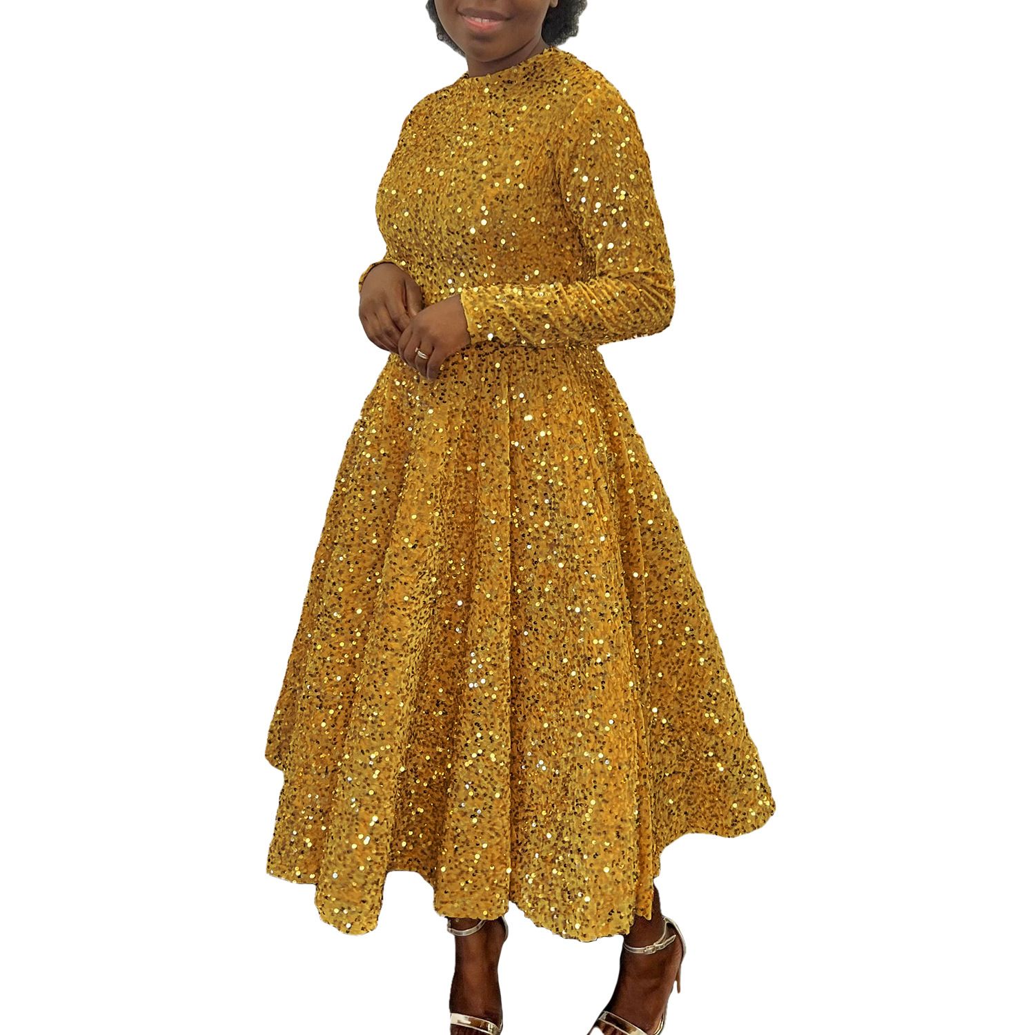 Vintage Fashion Sequin Women Church Swing Dresses Long Sleeve O-Neck High Waist Elegant Glitter Banquet Party Evening Dress