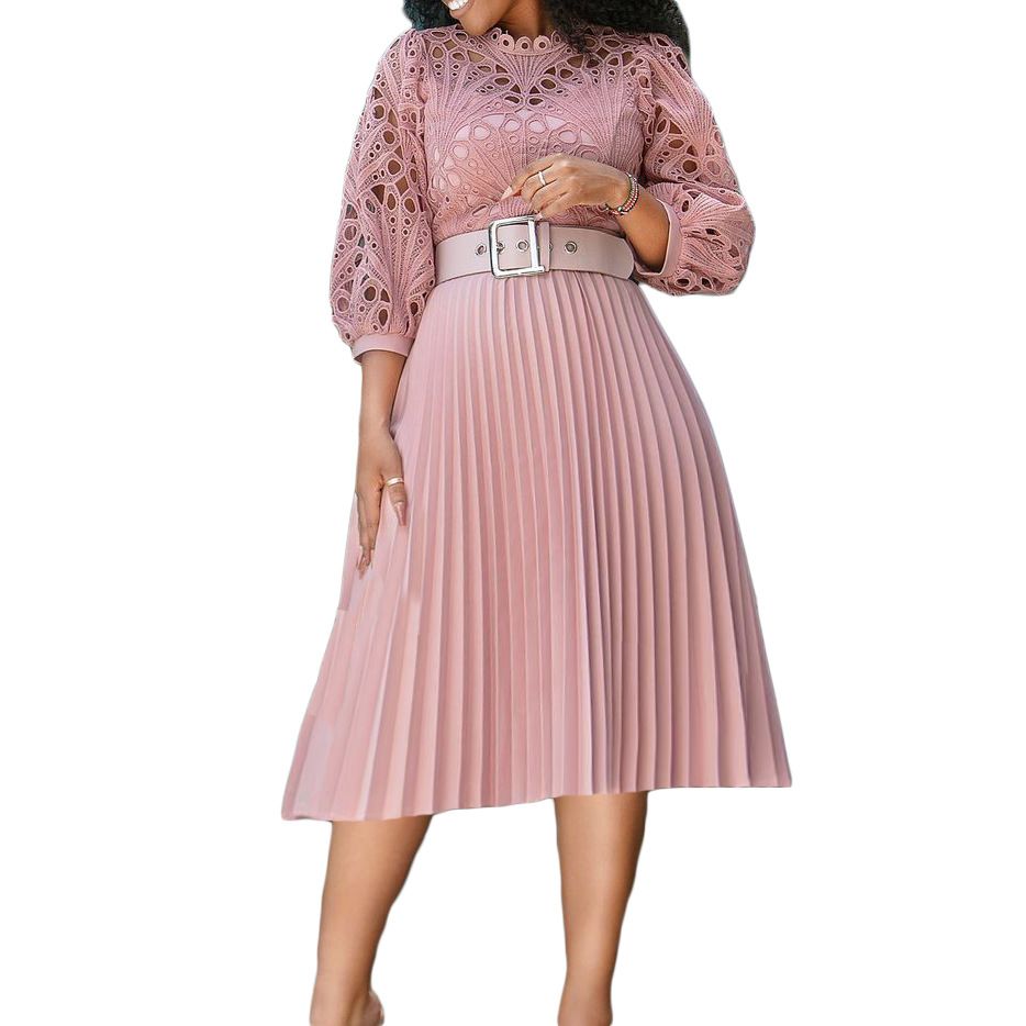 Elegant Pleated Dresses Woman New O Neck Lace Patchwork Belt Waisted Mid Calf Luxury Female Birthday Party Dinner Vestidos
