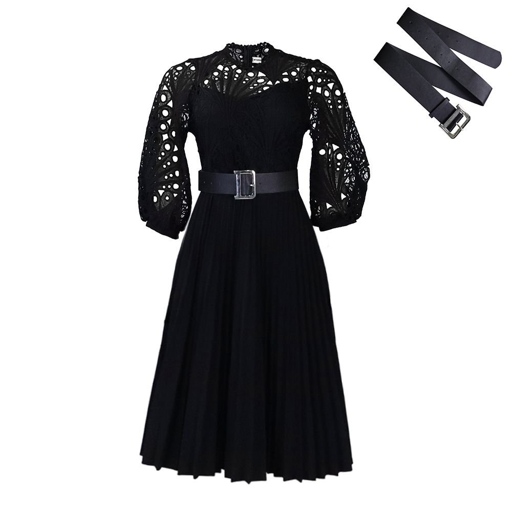Elegant Pleated Dresses Woman New O Neck Lace Patchwork Belt Waisted Mid Calf Luxury Female Birthday Party Dinner Vestidos